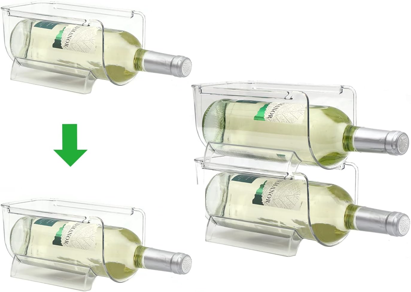 OKITCHEN Juego de 4 estantes de vino para refrigerador, organizador de almacenamiento de botellas de agua para gabinete, estante apilable para