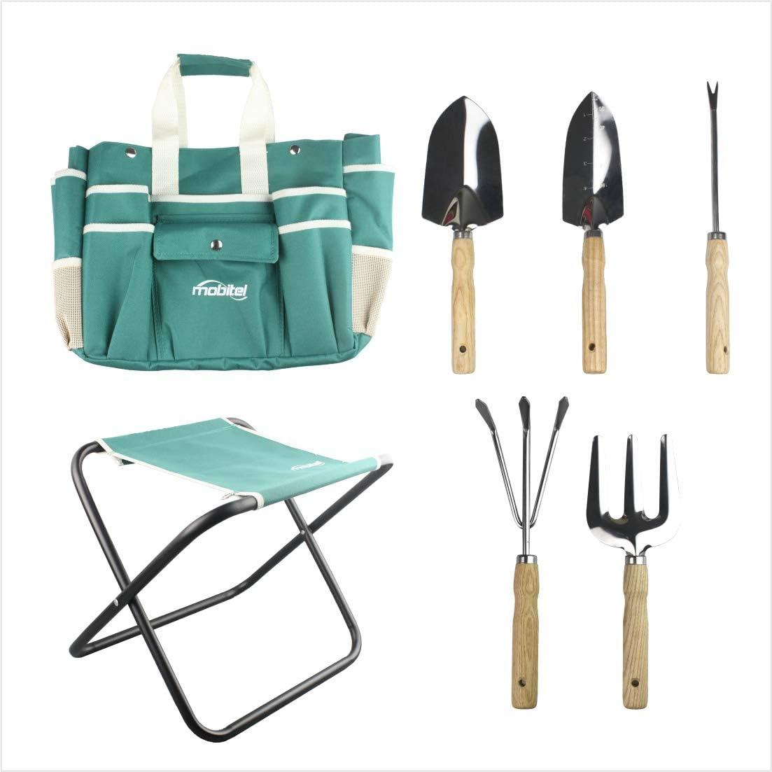 Juego de herramientas de jardín, kit de herramientas de regalo de jardinería resistente, incluye taburete plegable con bolsa de herramientas, 5