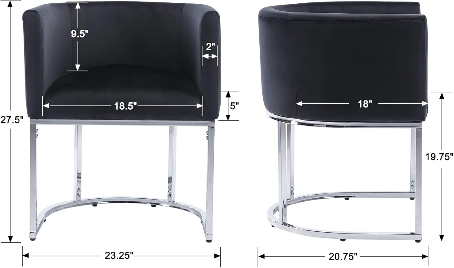 Juego de 2 sillas de comedor tapizadas de terciopelo negro, sillas de comedor modernas de mediados de siglo, sillas de barril con marco de metal