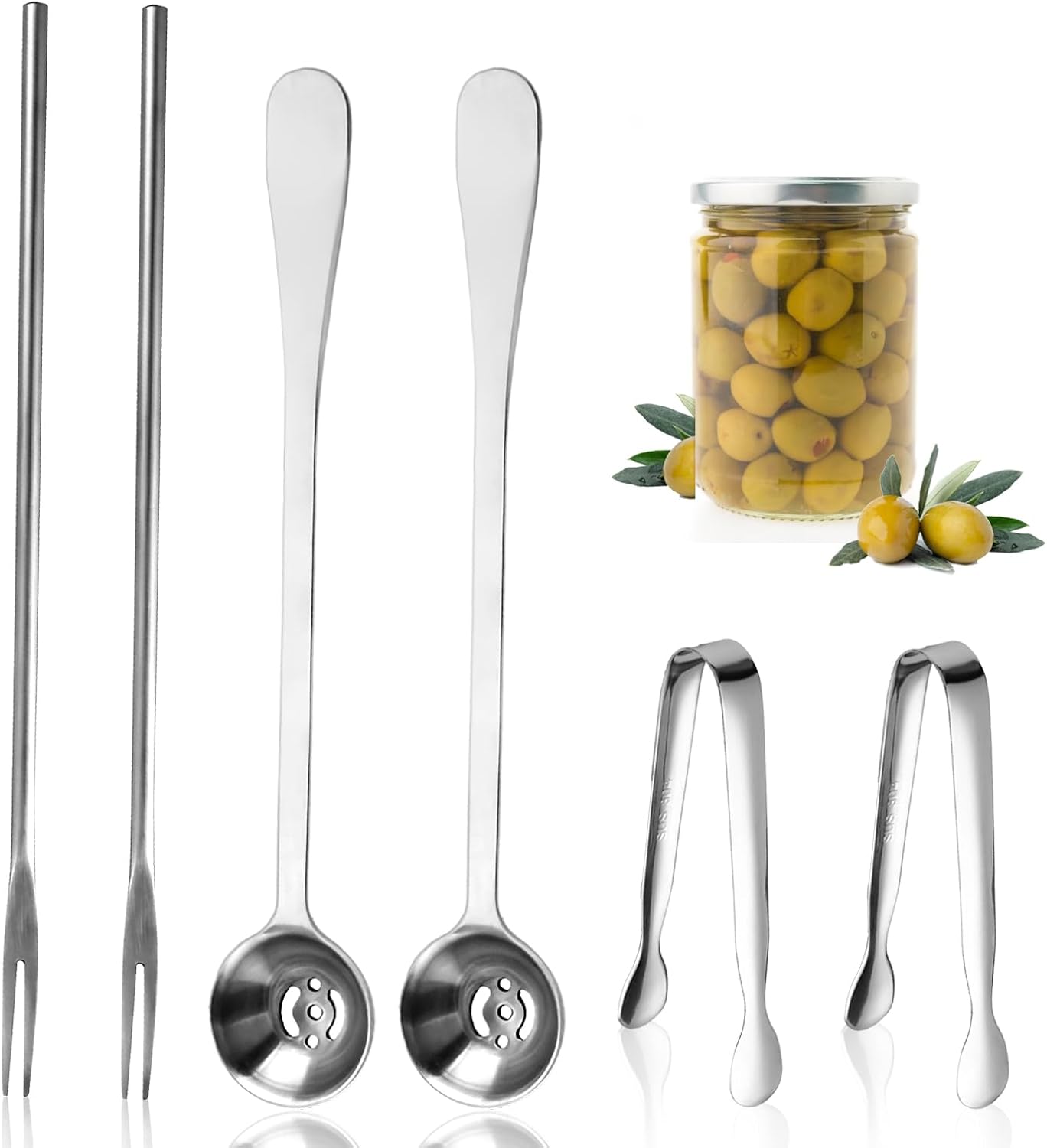 Juego de 6 pinzas para servir de cocina con mango largo, tenedor para pepinillos, cuchara de aceituna con orificio de drenaje, colador de acero