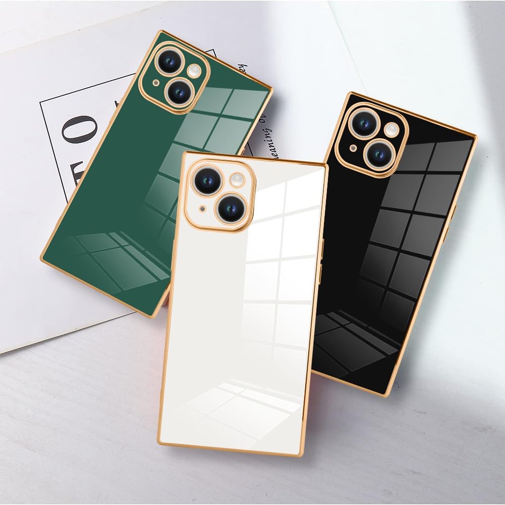 SAKUULO Funda de teléfono para iPhone 15 Plus, bonita funda cuadrada dorada chapada en oro para mujeres y niñas, TPU suave, a prueba de golpes,