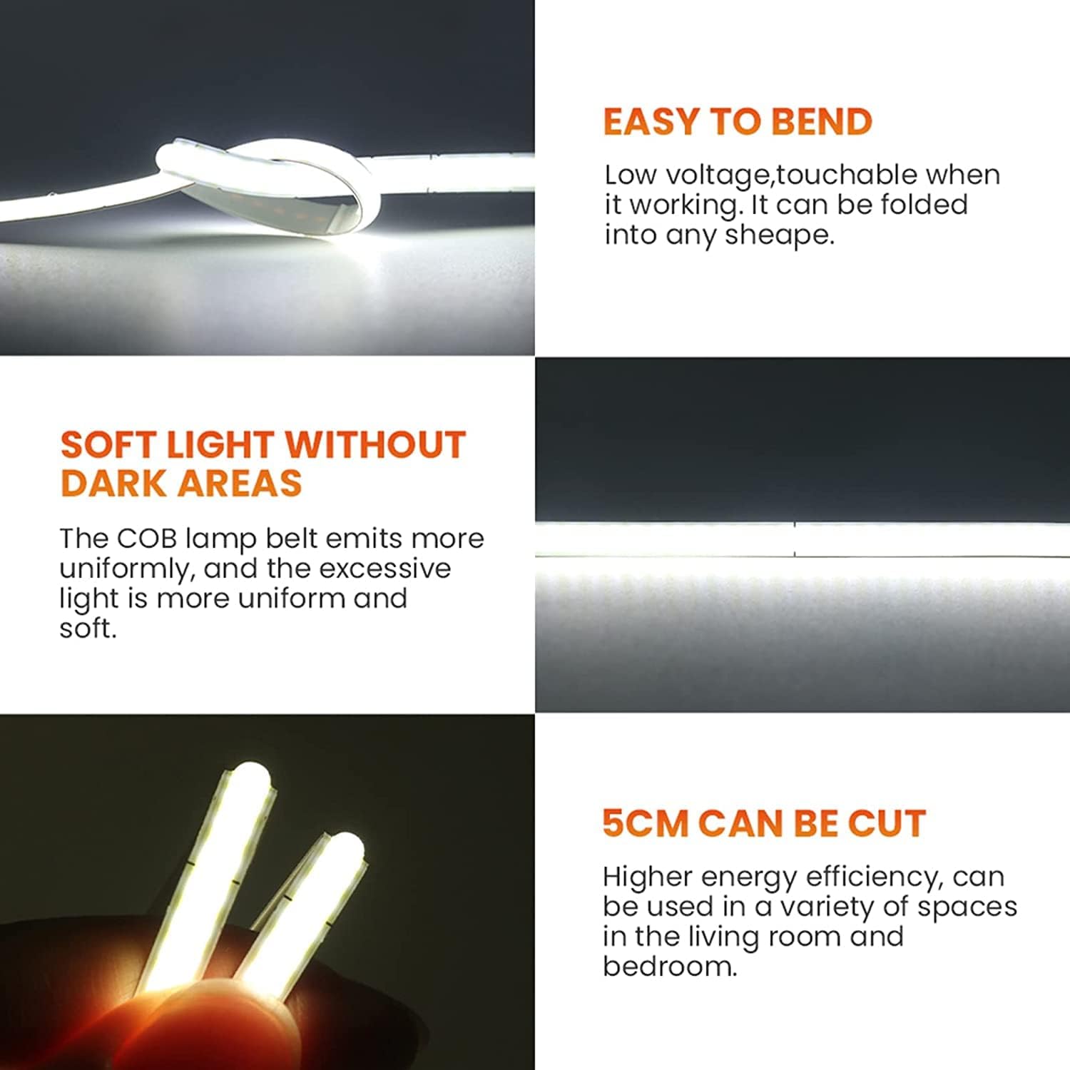 XUNATA Tira LED COB de 13.1 pies13.1 ft, USB 5 V 320 LEDsM, tira LED flexible regulable de 6500 K, luz diurna blanca, banda LED COB, no impermeable,