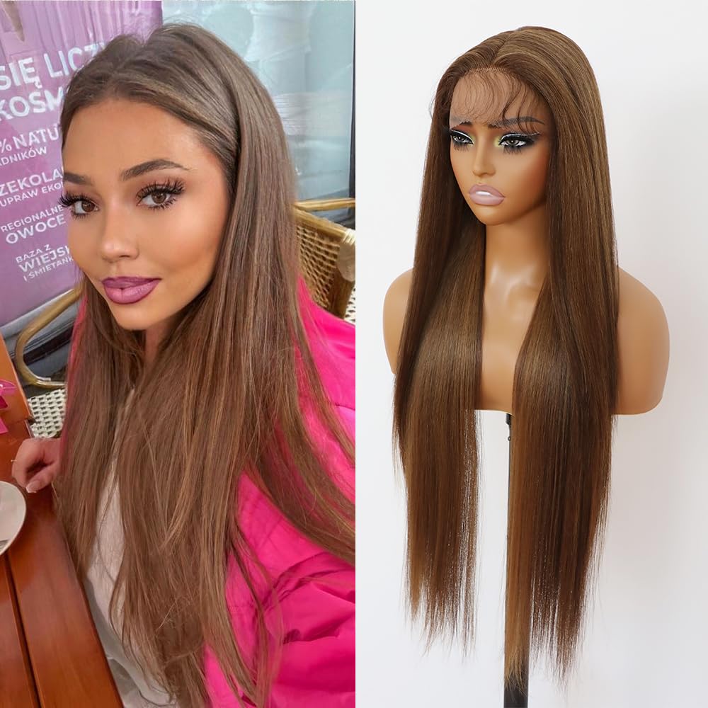 Pelucas de encaje frontal sintético lacio marrón, sin pegamento, línea de cabello natural, con reflejos marrones, pelucas de encaje sintético marrón