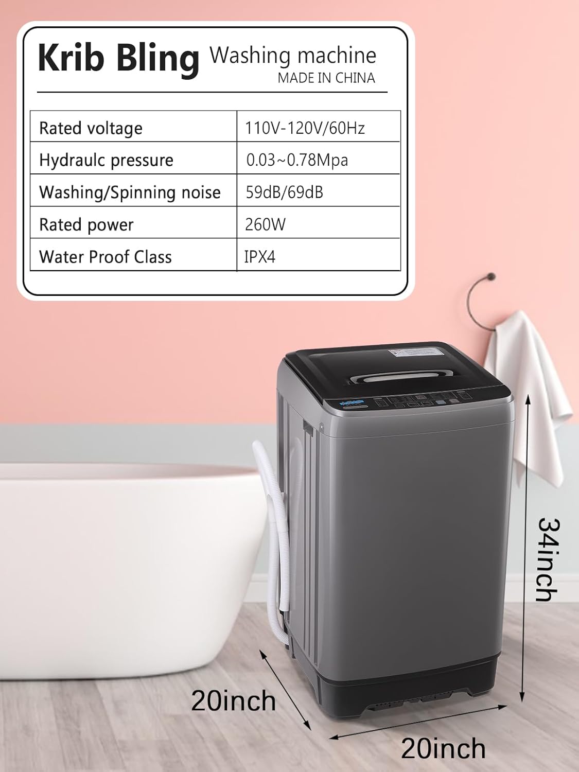 KRIB BLING Lavadora automática completa de 17.7 libras con bomba de drenaje, lavadora KRIB BLING con pantalla LED, 10 programas de lavado y 8