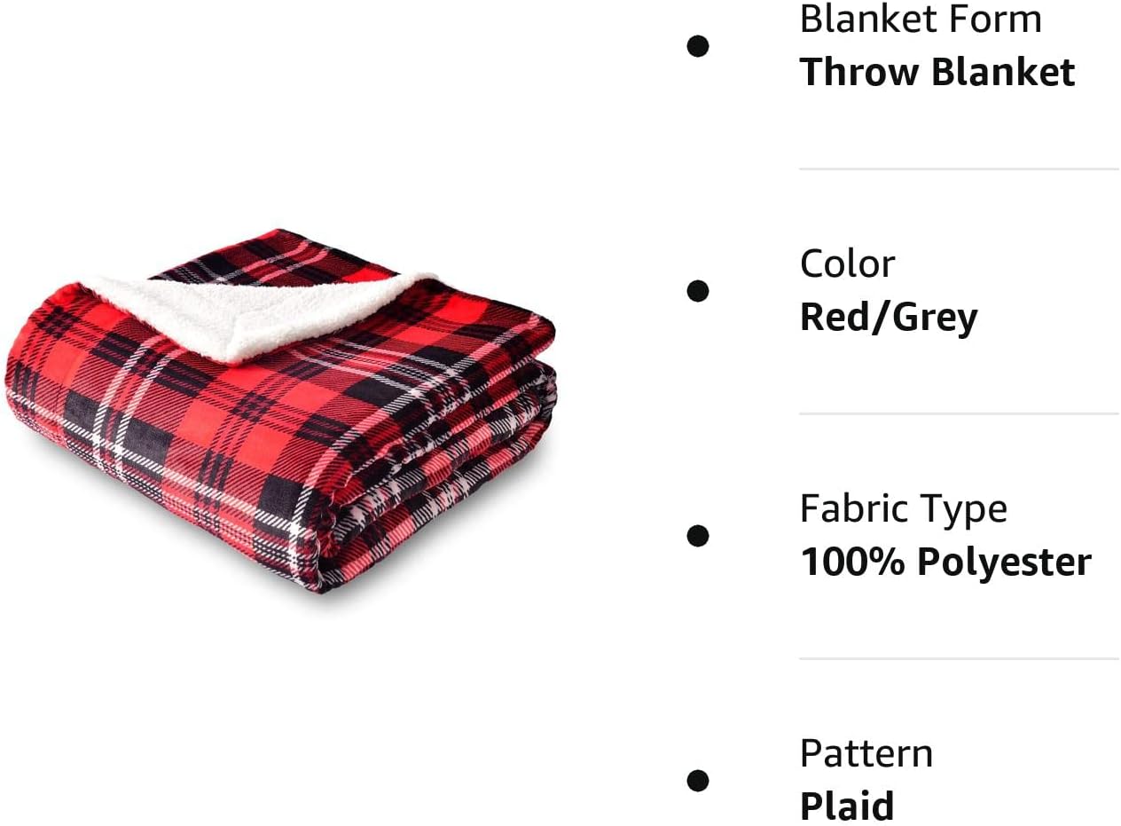 SOCHOW Manta de forro polar Sherpa a cuadros de doble cara, súper suave y lujosa manta de cama de 50 x 60 pulgadas, rojogris