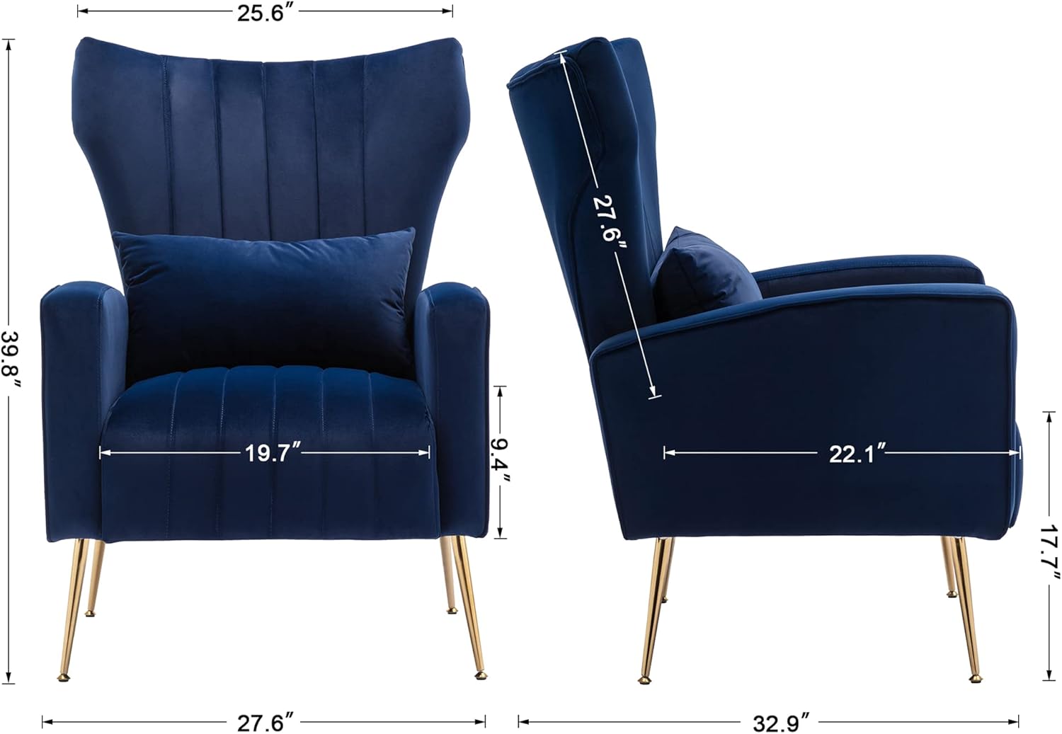 chairus Wingback – Silla decorativa de terciopelo, sillón moderno para sala de estar, cómodo sofá individual tapizado para dormitorio, sala de
