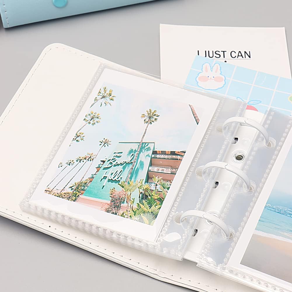 Mini álbum de fotos, soporte para tarjetas de fotos blancas, tarjetas fotográficas Kpop de piel sintética de 3 anillos, álbum de películas de fotos
