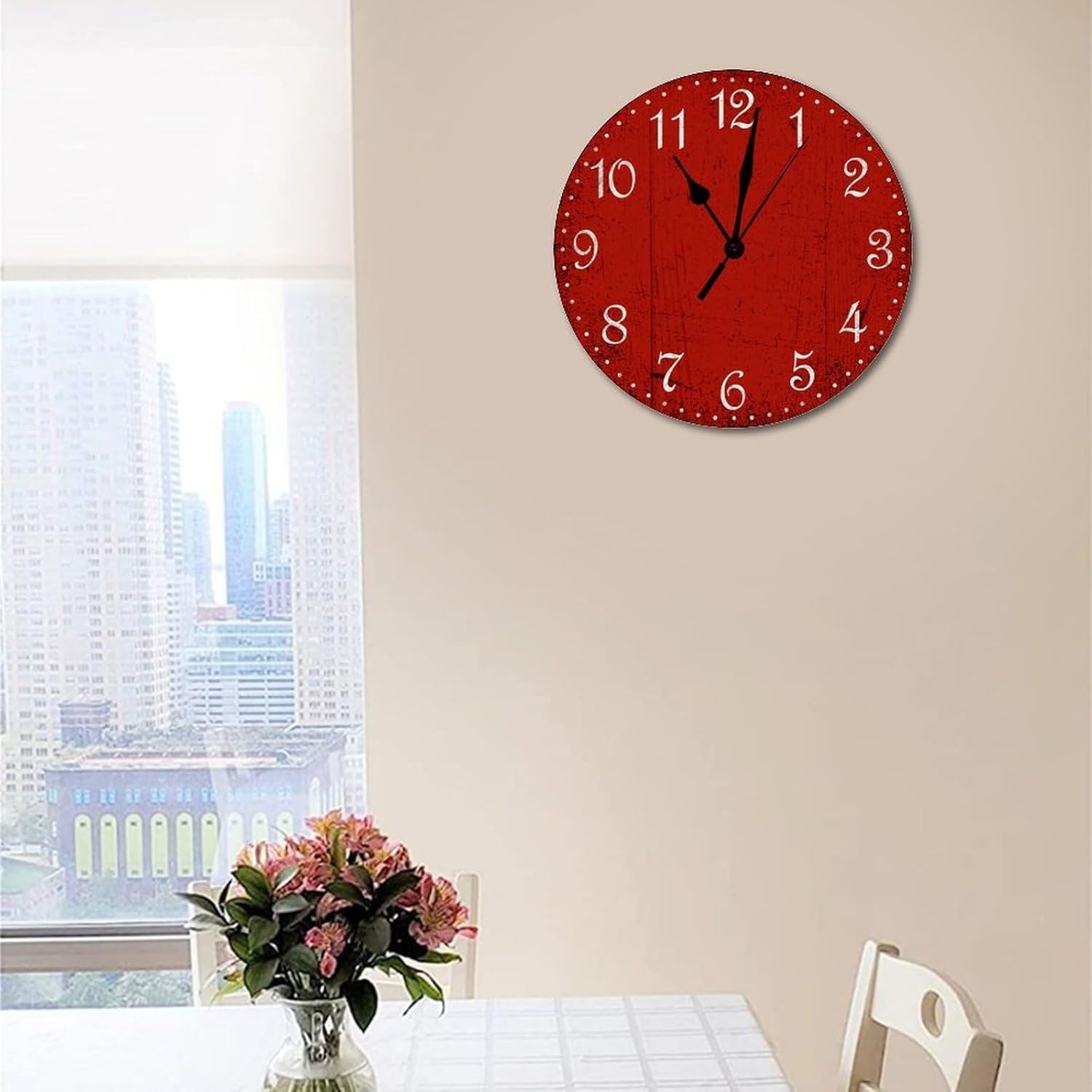 Reloj de pared rojo rústico de madera roja para sala de estar, funciona con pilas, reloj de pared silencioso de 15 pulgadas, reloj redondo retro