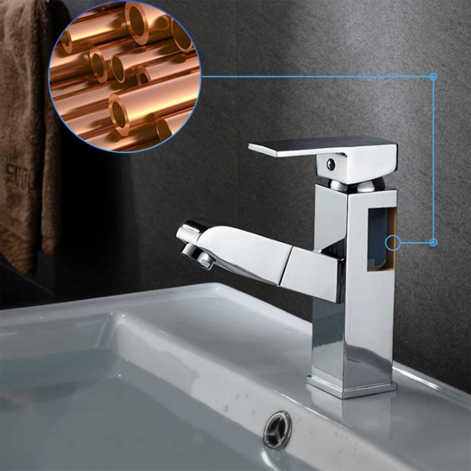 Grifo de baño con rociador extraíble, grifo de lavabo de baño en cascada cromada, grifo de un solo orificio con boquilla giratoria de 360 grados