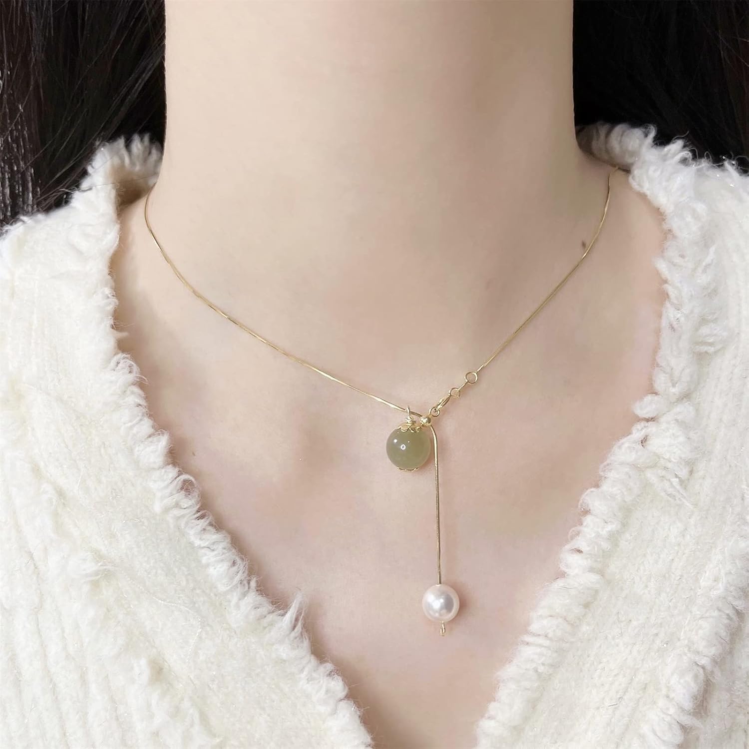 FOOIND Real Natural Hetian Jade Necklace for Women Girl, Handmade Crystal Pearl Green Jade Necklace Choker Pendant as Gift for Friends, Mother,