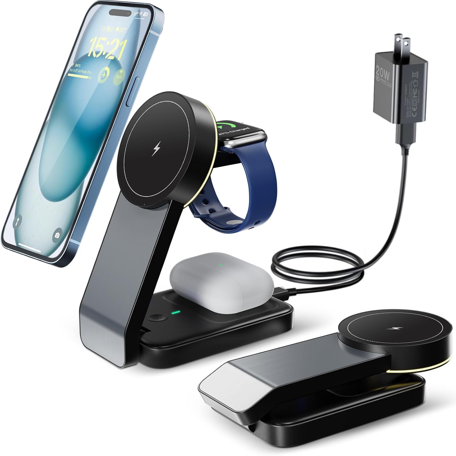Estación de carga inalámbrica 3 en 1 para dispositivos Apple, cargador portátil Mag-Safe con luz, soporte de cargador compatible con iPhone