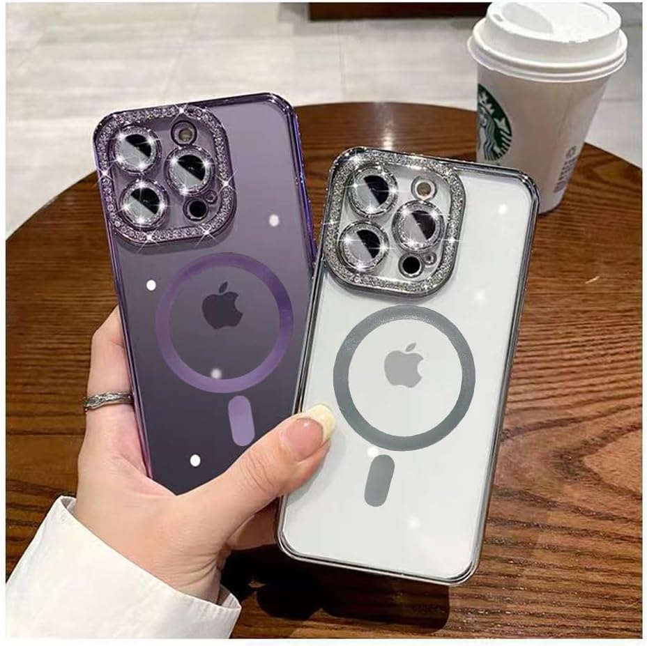 Fycyko Funda magnética para iPhone 13 Pro, protección completa de lente de cámara compatibilidad con MagSafe diamantes de imitación transparentes a