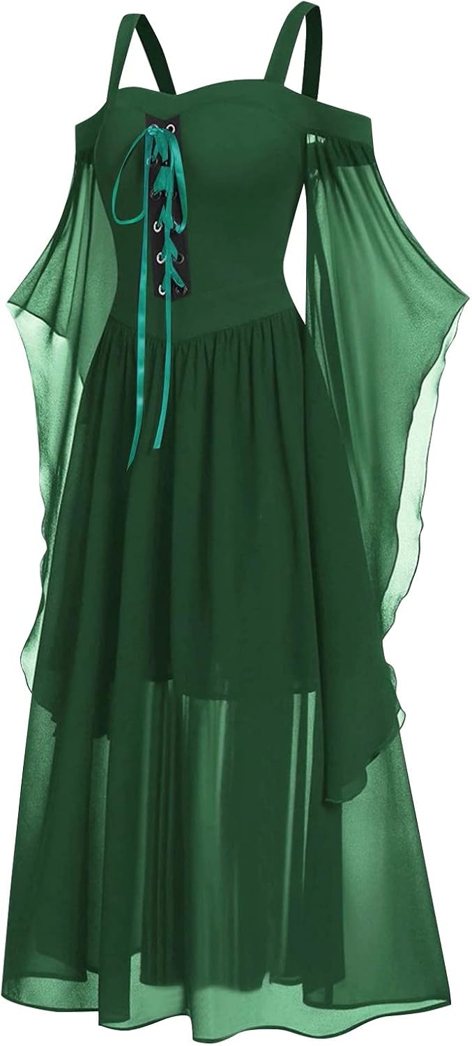FlekmanArt Disfraz de cosplay renacentista medieval irlandés para mujer, disfraz de hada, hombros descubiertos, vestido de manga de mariposa