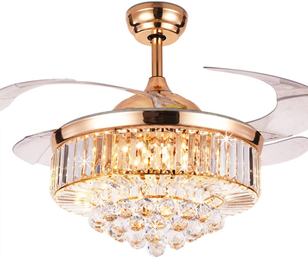 LUOLAX Candelabro de techo de cristal moderno de 42 pulgadas y control remoto, 3 colores y 3 velocidades de cambio, lámpara LED retráctil para sala