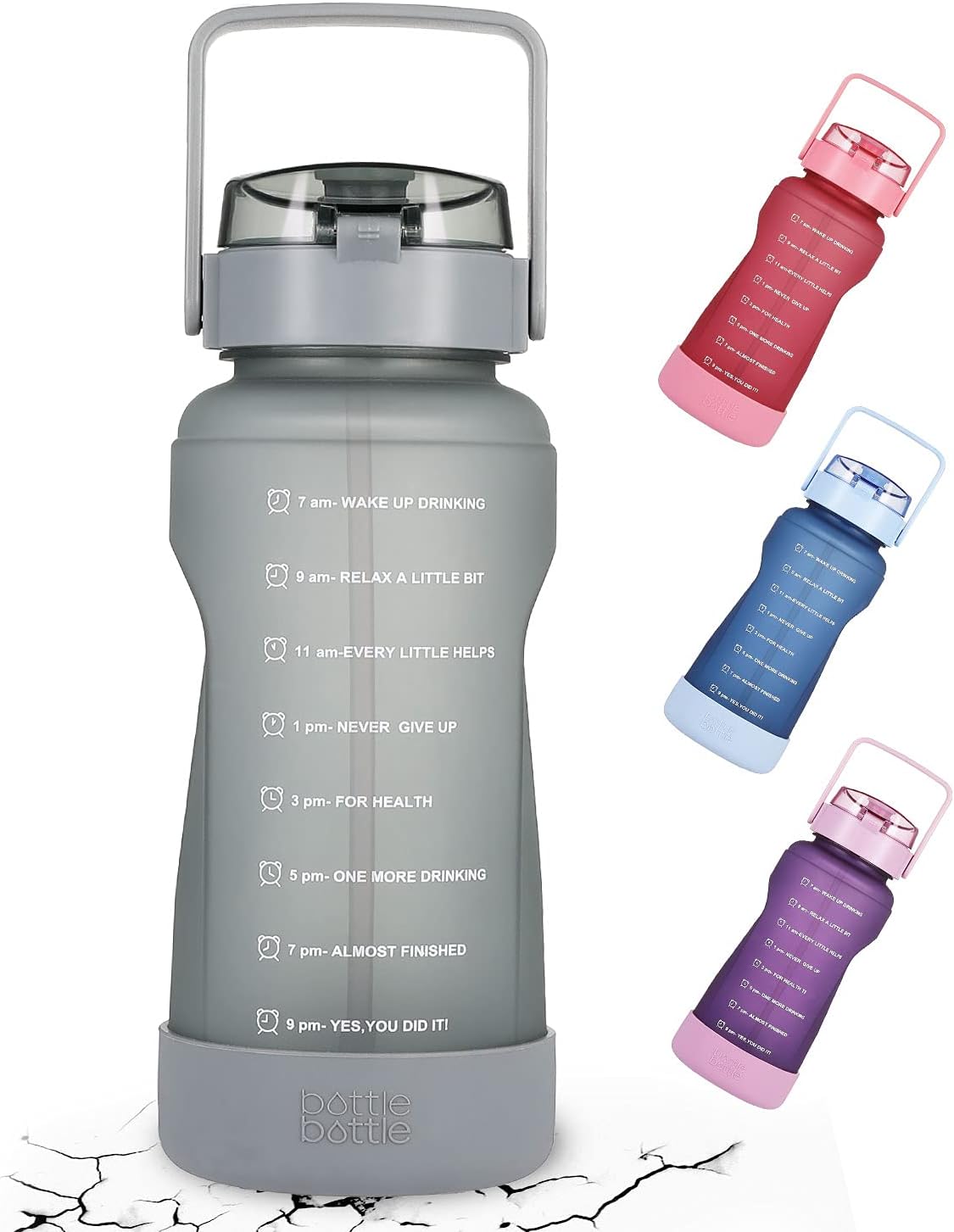 bottlebottle botella de agua motivacional de 64onzas con marcas para los horarios y pajilla, con base protectora de silicona, para entrenamiento y