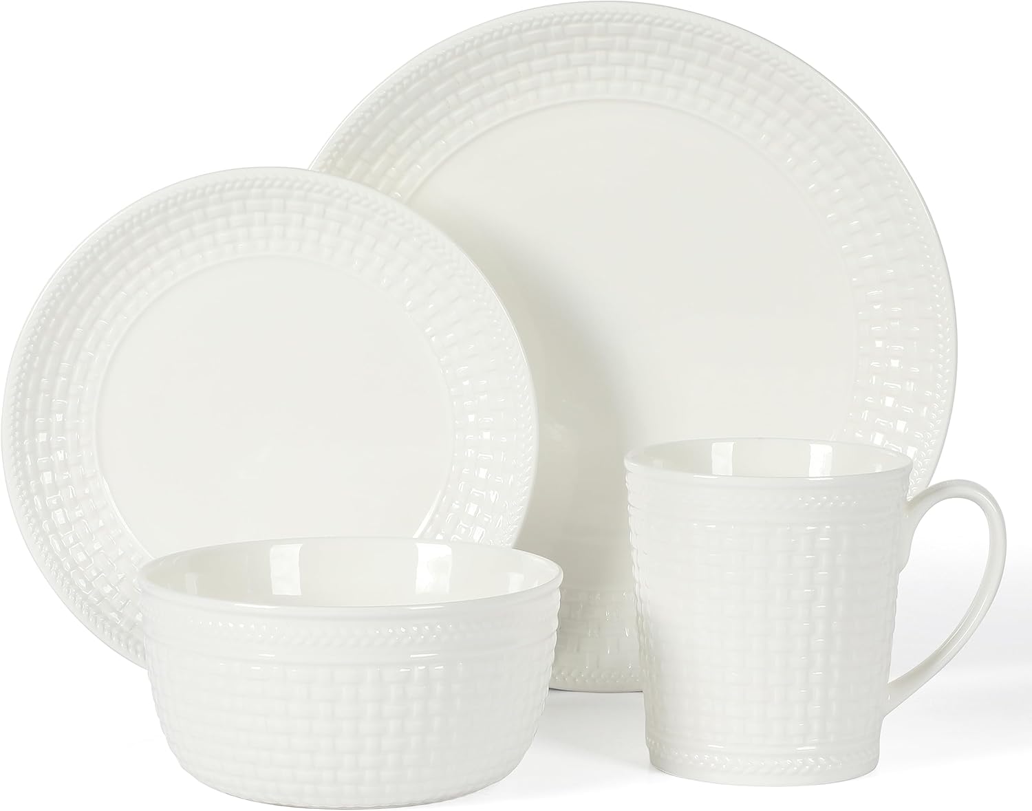 Martha Stewart Juego de vajilla de porcelana en relieve de porcelana de hueso de 16 piezas y resistente a los arañazos