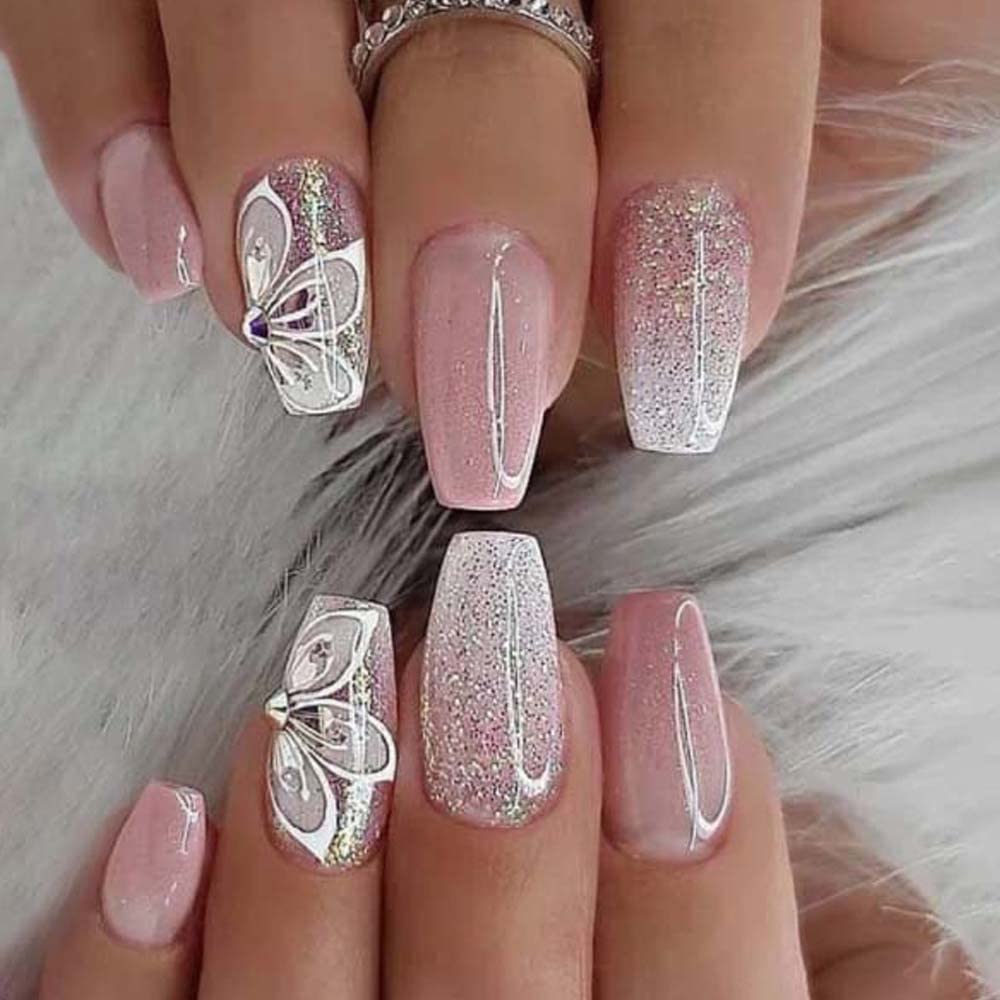 ANDGING Uñas postizas a presión de color blanco degradado, cortas y medianas para mujer, con diseño de mariposa, color rosa Jerry, uñas postizas