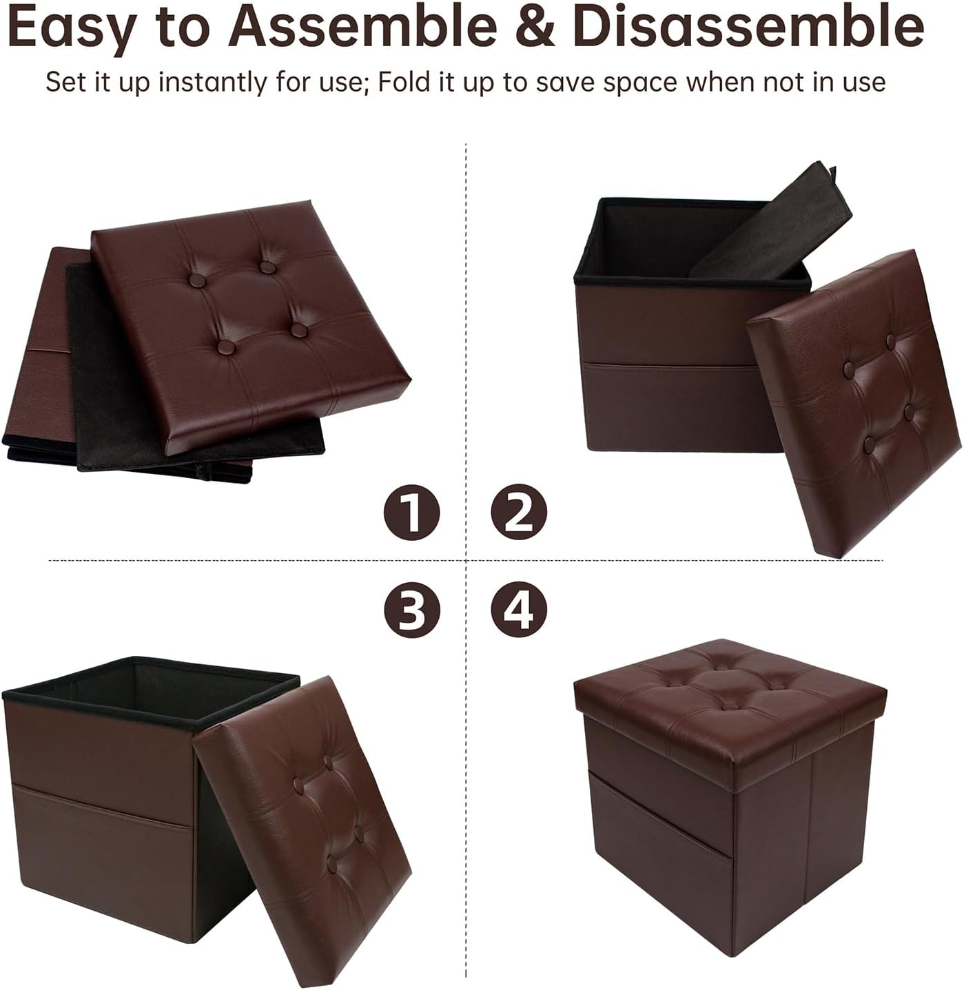 xuperbonus Otomana cuadrada de almacenamiento plegable de 15 pulgadas con bolsillo lateral, cubo de cuero marrón, reposapiés, asiento para