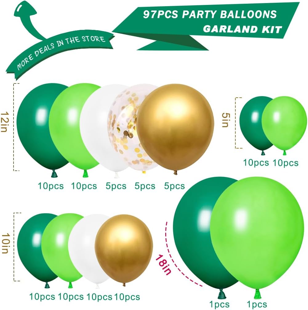 Kit de arco de guirnalda de globos de fiesta de selva, globos blancos de metal verde dorado con diferentes tamaños para fiesta de la selva, ducha,