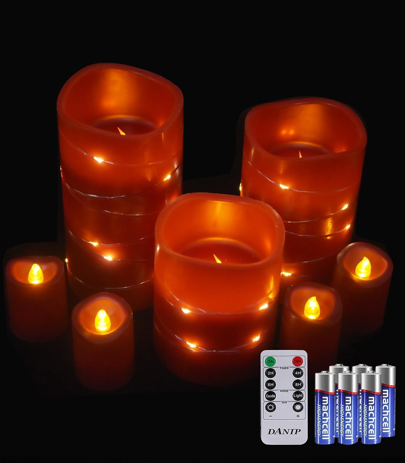 Vela LED roja sin llama con cuerda de estrella incrustada, juego de 3+4 piezas de velas LED, con control remoto de 11 botones, función de