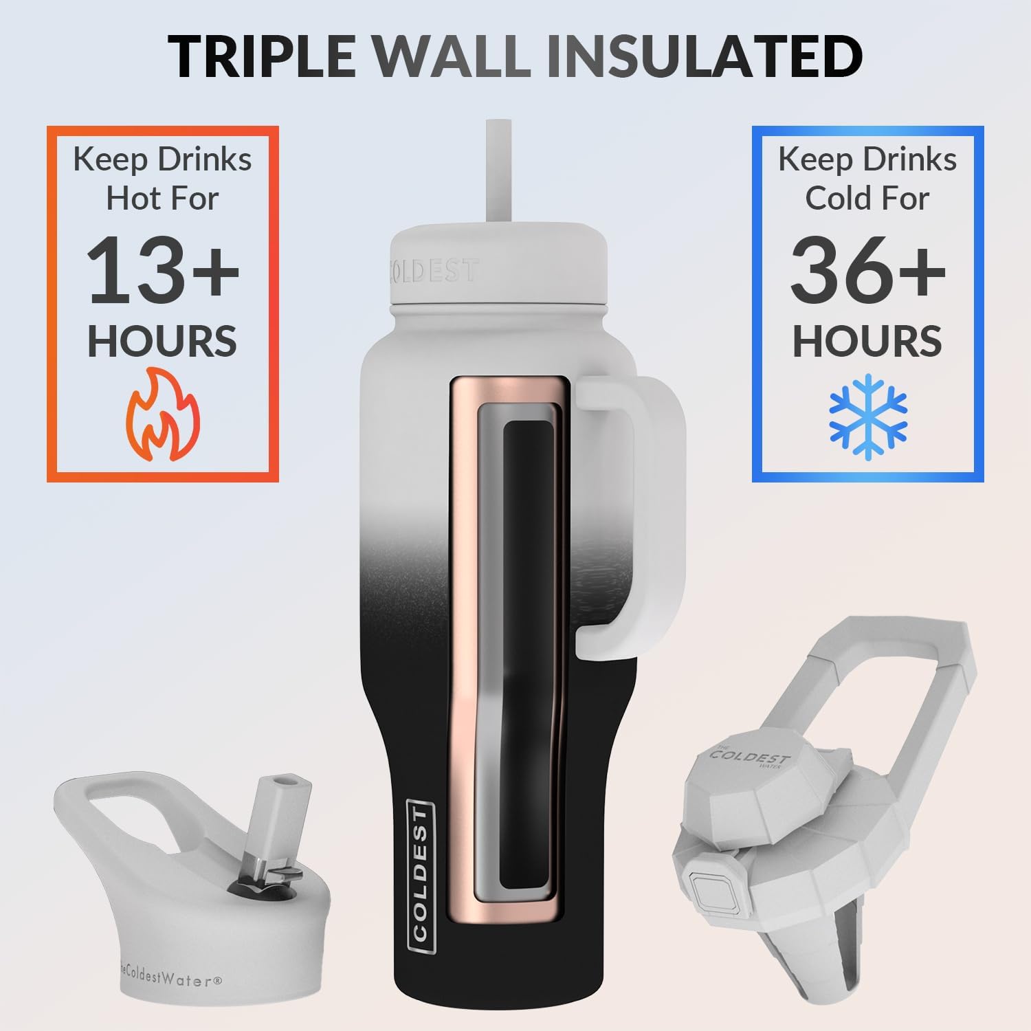 Coldest – Vaso con asa y tapa con pajilla, 3 tapas aisladas, reutilizable, de acero inoxidable, taza de viaje, regalos para mujeres, él y ella,