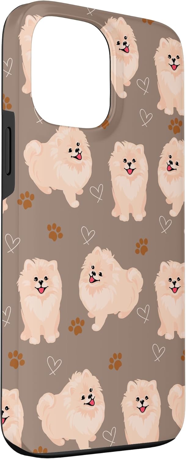 Funda marrón para iPhone 13 Pro Max con diseño de pomerania y cachorros