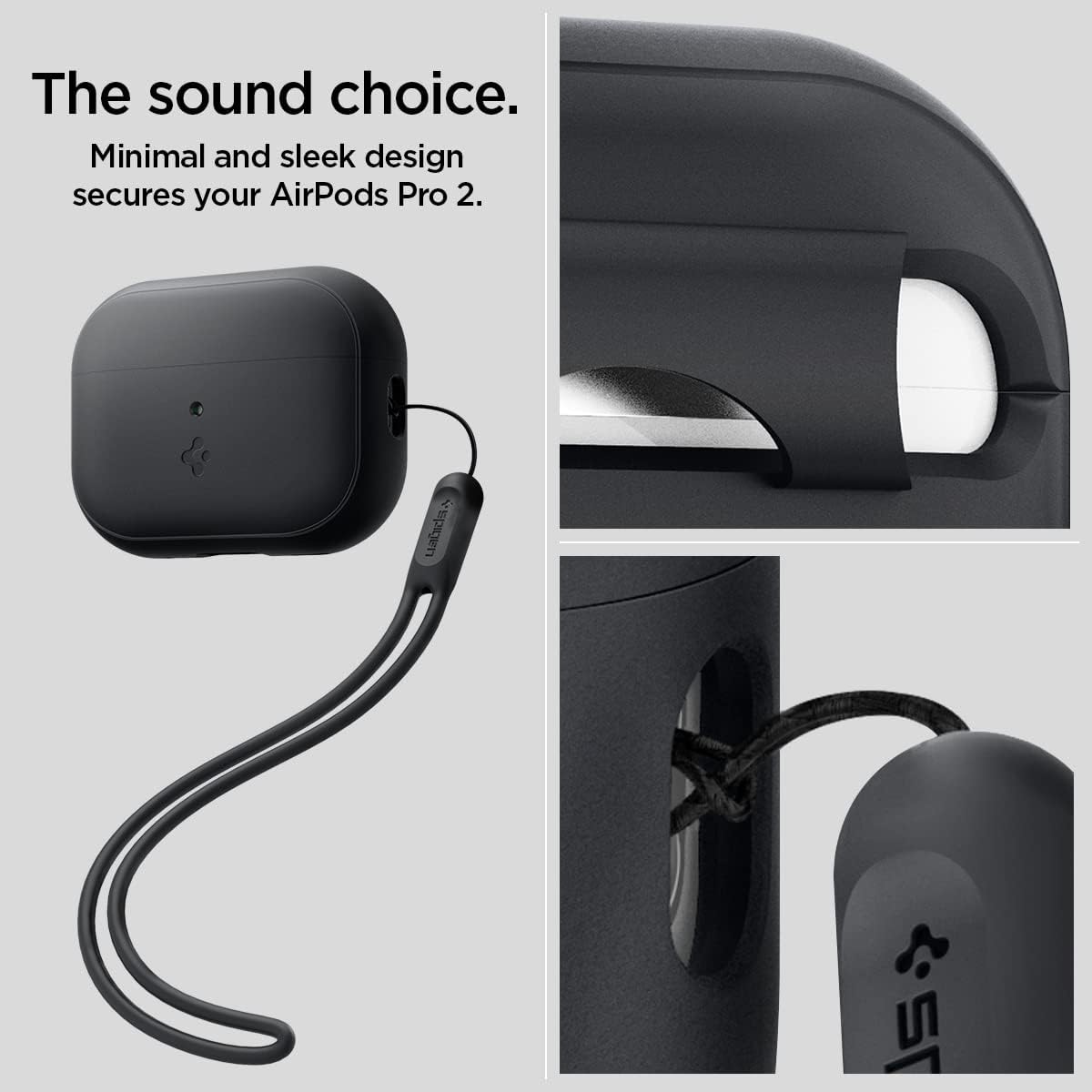 Spigen Funda de silicona diseñada para AirPods Pro de 2 generación 20222023 (cable USB-CLightening) Airpods Pro 2 con cordón, color negro y negro