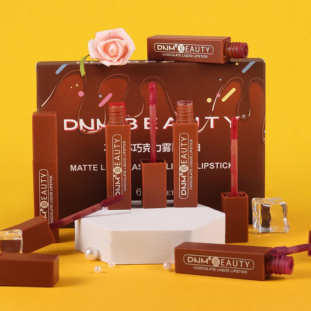 HAOYA Juego de 6 lápices labiales líquidos de chocolate mate, brillo de labios, para mujer, color rojo oscuro profundo, 24 horas permanecen en mate,