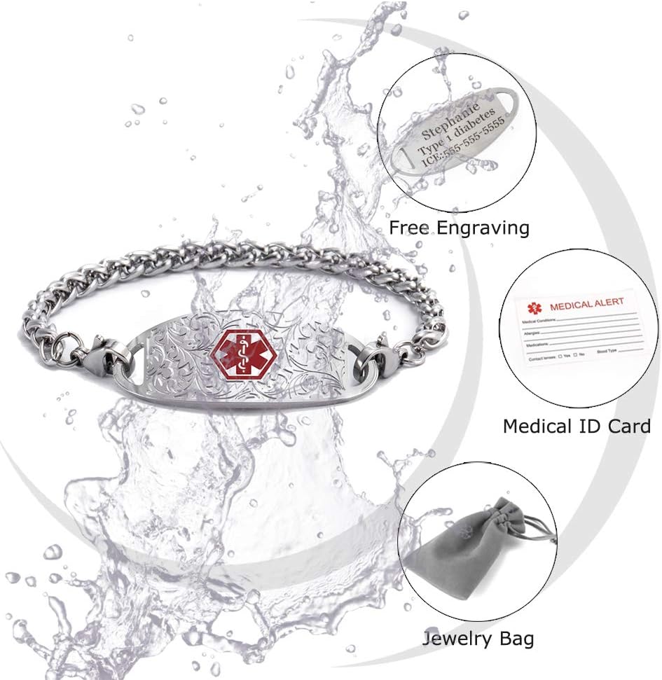 Pulsera de identificación de alerta médica, cadena de acero inoxidable intercambiable con etiqueta de filigrana, pulseras de identificación de