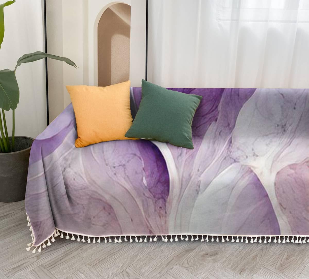 Fundas de sofá abstractas de lujo púrpura mármol textura de mármol hermosas fundas de sofá abstractas suaves con borlas para sofá, manta para