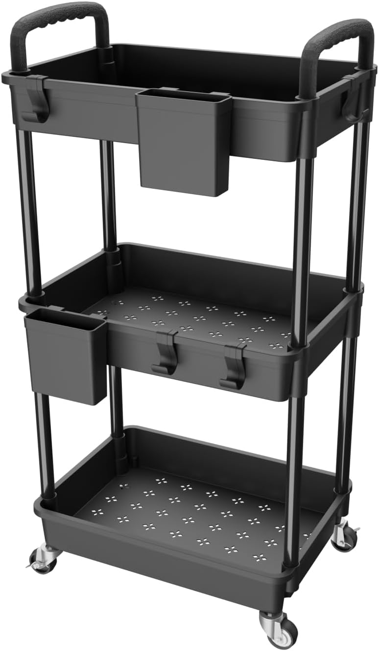 Carrito utilitario rodante de 3 niveles con asa, hecho de organizador de almacenamiento multifuncional, herramienta para cocina, baño, sala de