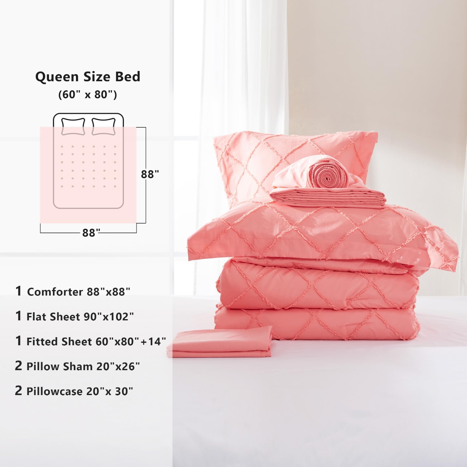 Gotroolhome Juego de edredón rosa coral con diseño copetudo, juegos de ropa de cama de granja para todas las estaciones, cama Queen suave de 7