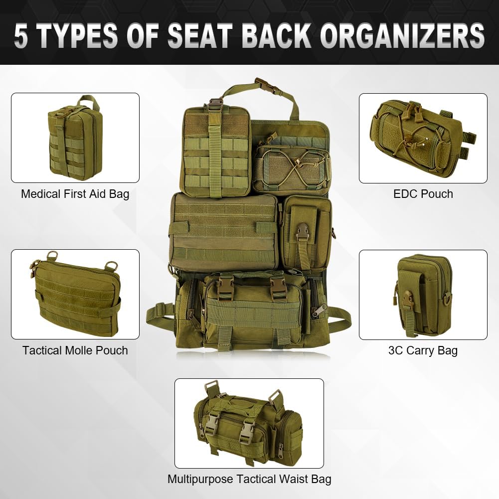 JDMON Organizador táctico universal para respaldo de asiento, panel Molle con 5 bolsas de almacenamiento multifuncionales desmontables adecuadas