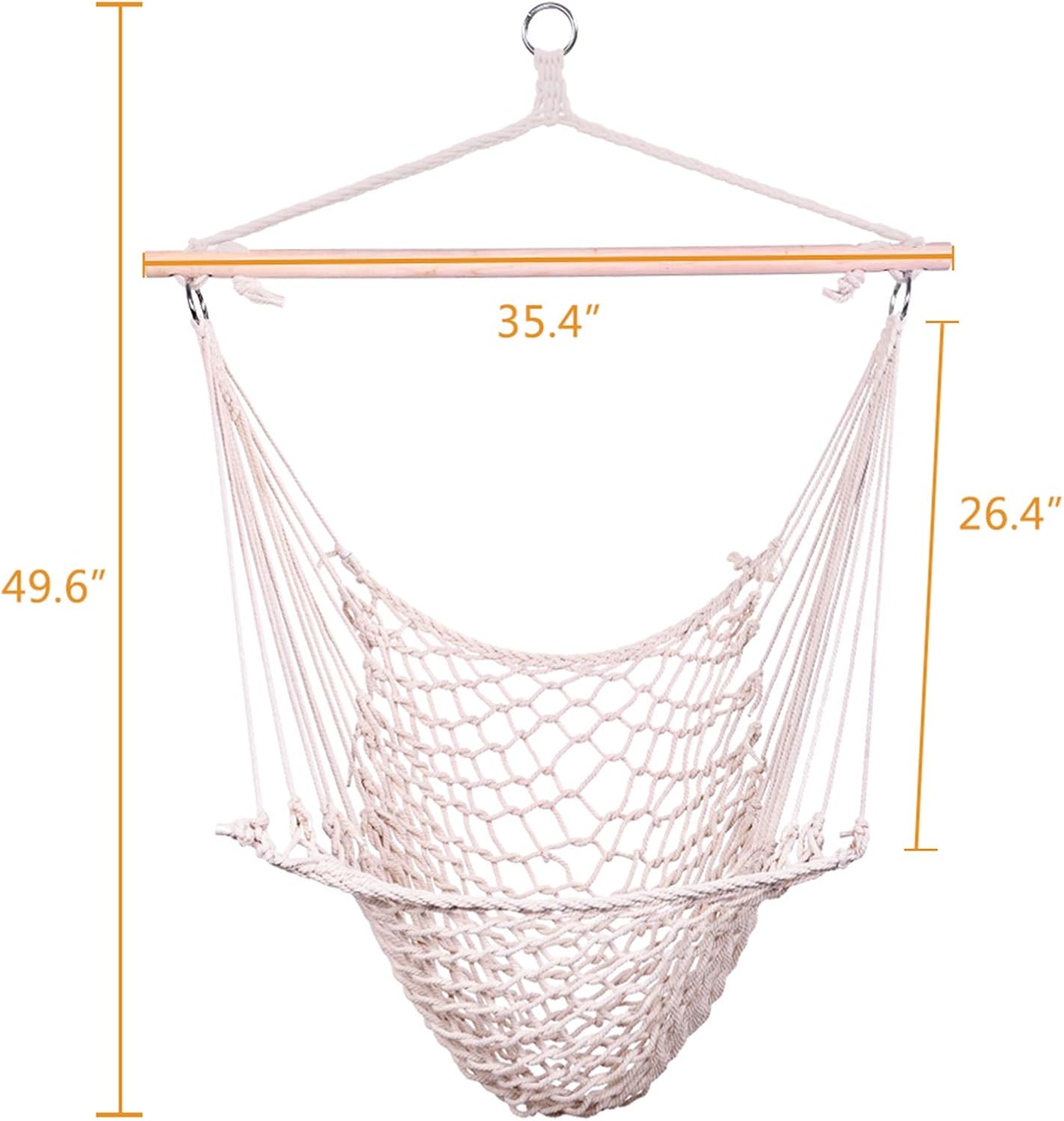 Hamaca colgante al aire libre con cuerda de algodón y barra de madera, macramé beige, silla grande de airecielo, porche, capacidad de 250 libras