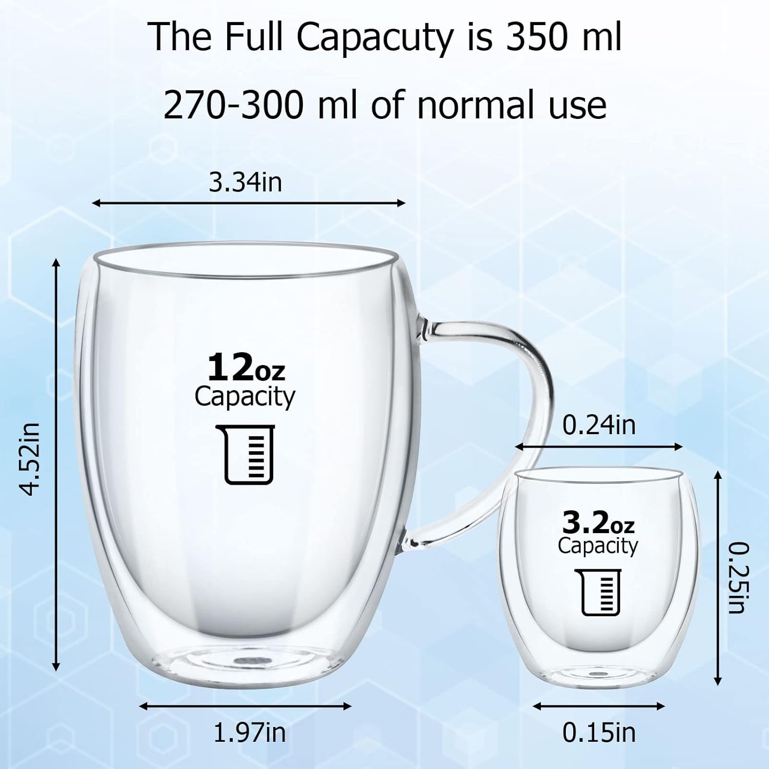 8 tazas lnsuladas de doble pared de vidrio con leche, vasos de café apilables de vidrio (12 oz3 onzas), taza con aislamiento térmico transparente