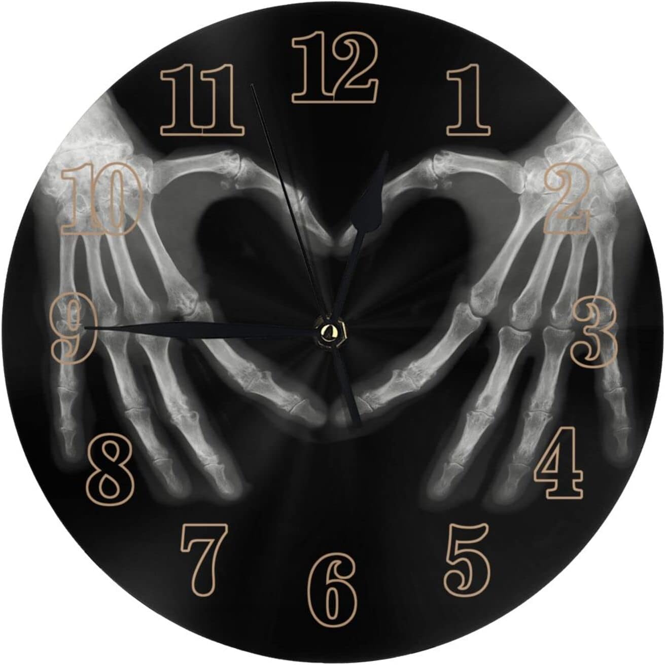 Reloj de pared decorativo redondo con forma de huesos de manos y corazón blanco, con diseño médico, redondo, silencioso, sin tictac, funciona con