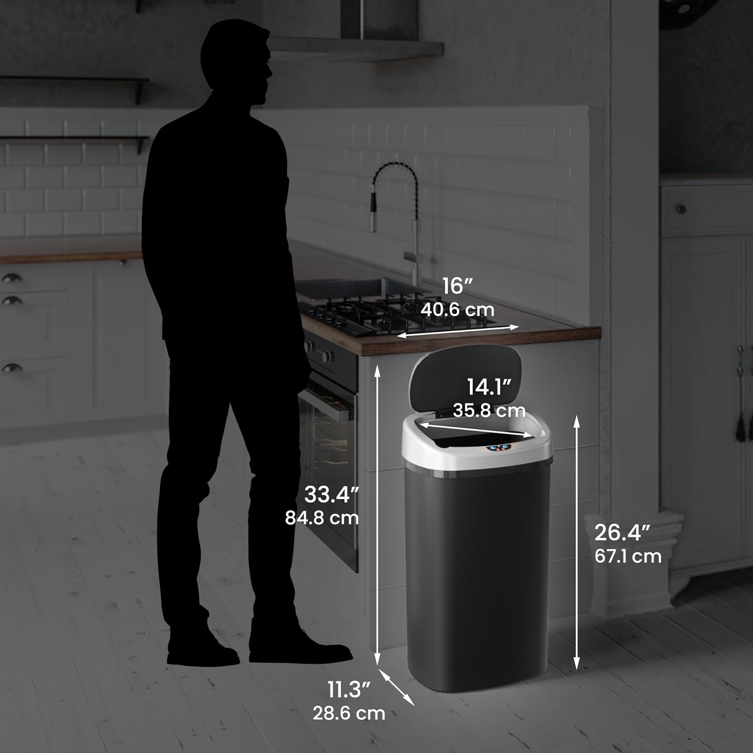 iTouchless Basurero de cocina con sensor de 13 galones con sistema de filtro de olor, cubo de basura de plástico duradero a prueba de abolladuras,