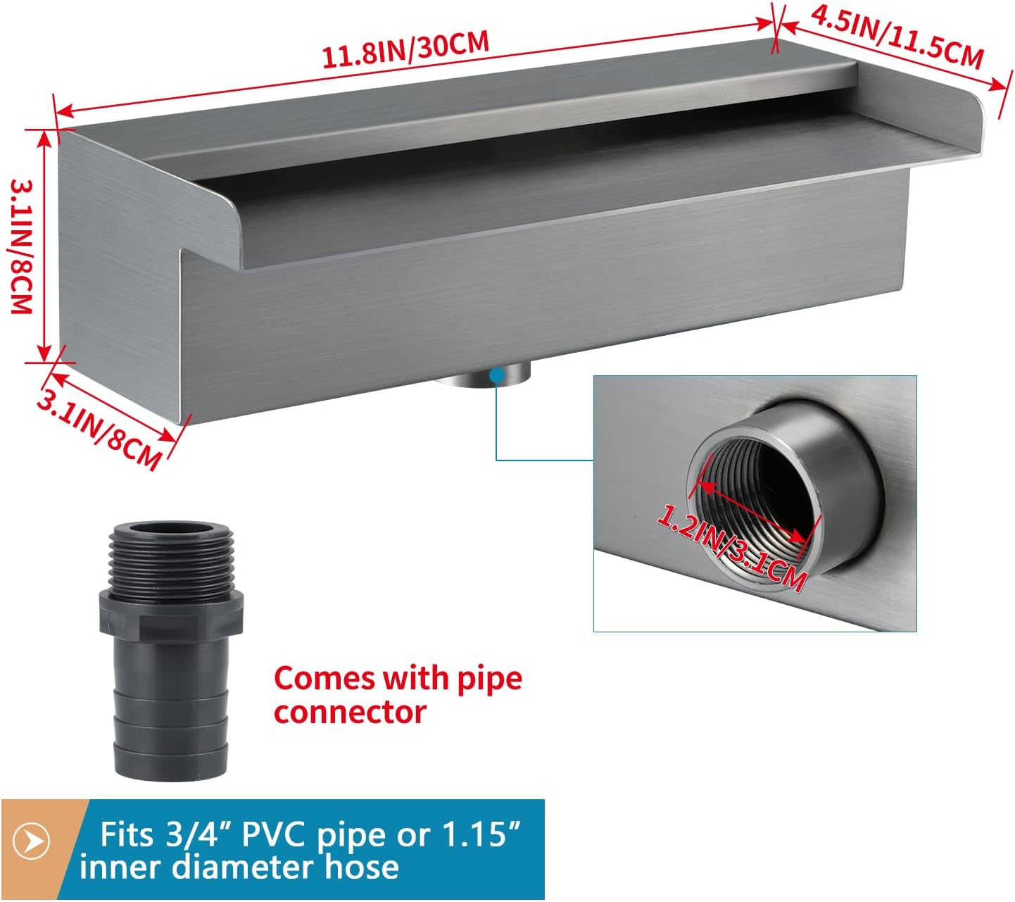 Fuente de piscina de acero inoxidable 304 con conector, derrame de agua rectangular de 12 pulgadas para piscina, jardín, estanque al aire libre, spa