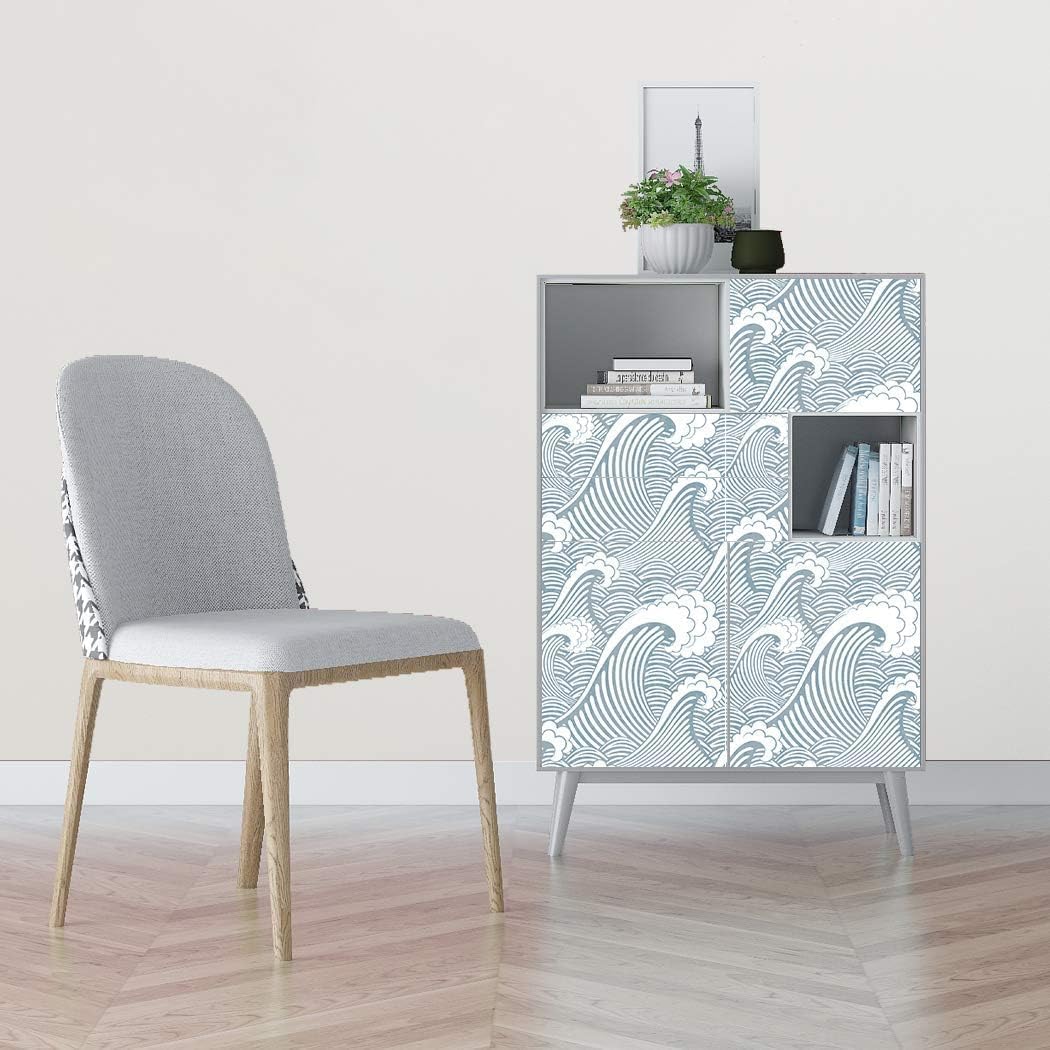 Blooming Wall PS030 – Papel pintado a mano para despegar y pegar, sin costuras, color azul y blanco, papel pintado autoadhesivo con olas, papel