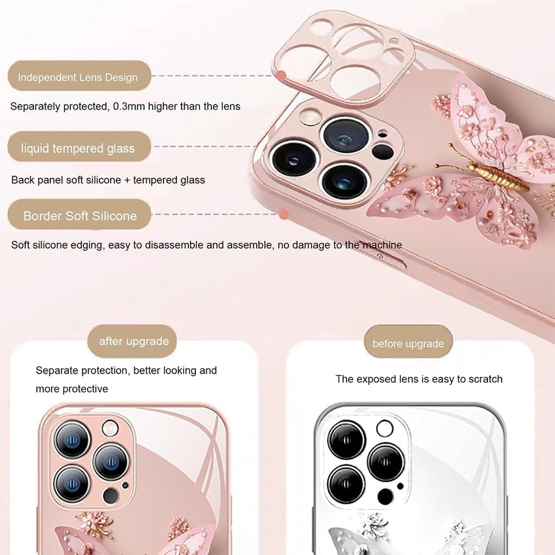 Funda de vidrio con patrón de mariposa 3D plana compatible con iPhone, funda para teléfono con cubierta de vidrio con patrón de mariposa (para