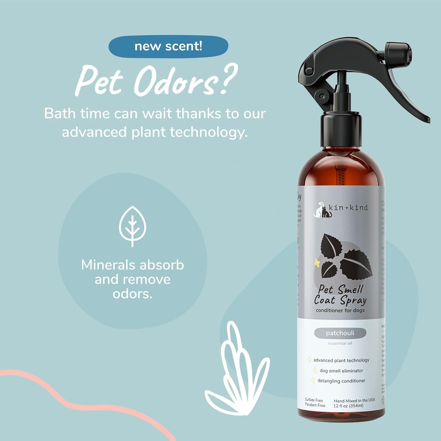kin+kind Spray para perros (12 onzas líquidas), fórmula desodorizante de pachulí con aroma de colonia para perros de larga duración con aloe vera,