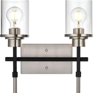 MELUCEE Accesorios de iluminación de baño sobre el espejo, aplique de pared de 2 luces, luz negra y acabado de níquel cepillado con pantalla de MELUCEE Accesorios de iluminación de baño sobre el espejo, aplique de pared de 2 luces, luz negra y acabado de níquel cepillado con pantalla de