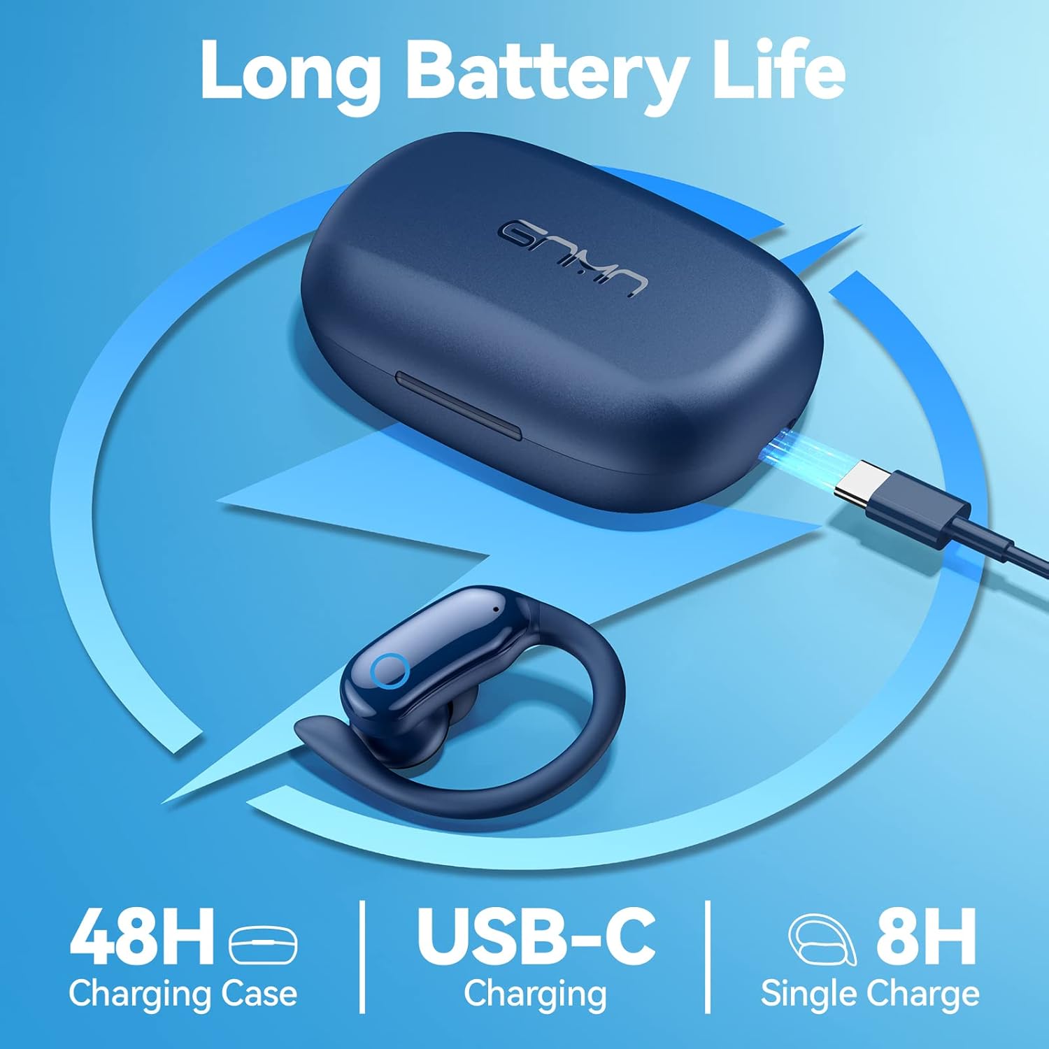 GNMN Auriculares Bluetooth inalámbricos 80 horas de reproducción IPX7 impermeables auriculares estéreo con ganchos para las orejas, micrófono