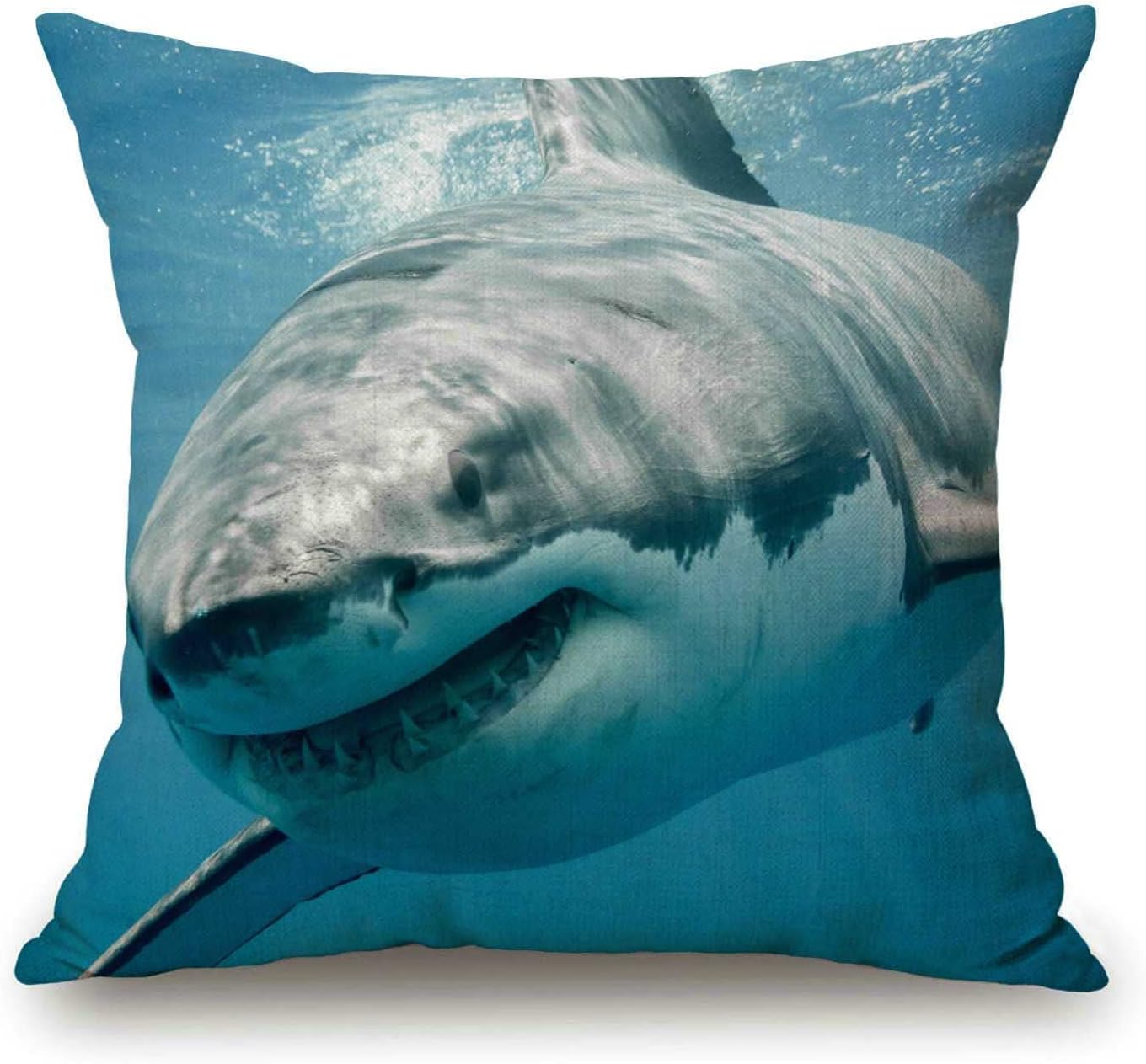 Funda de almohada cuadrada de lino y algodón con diseño de tiburón, mandíbulas, colmillo y depredación bajo el agua, funda de almohada estándar para