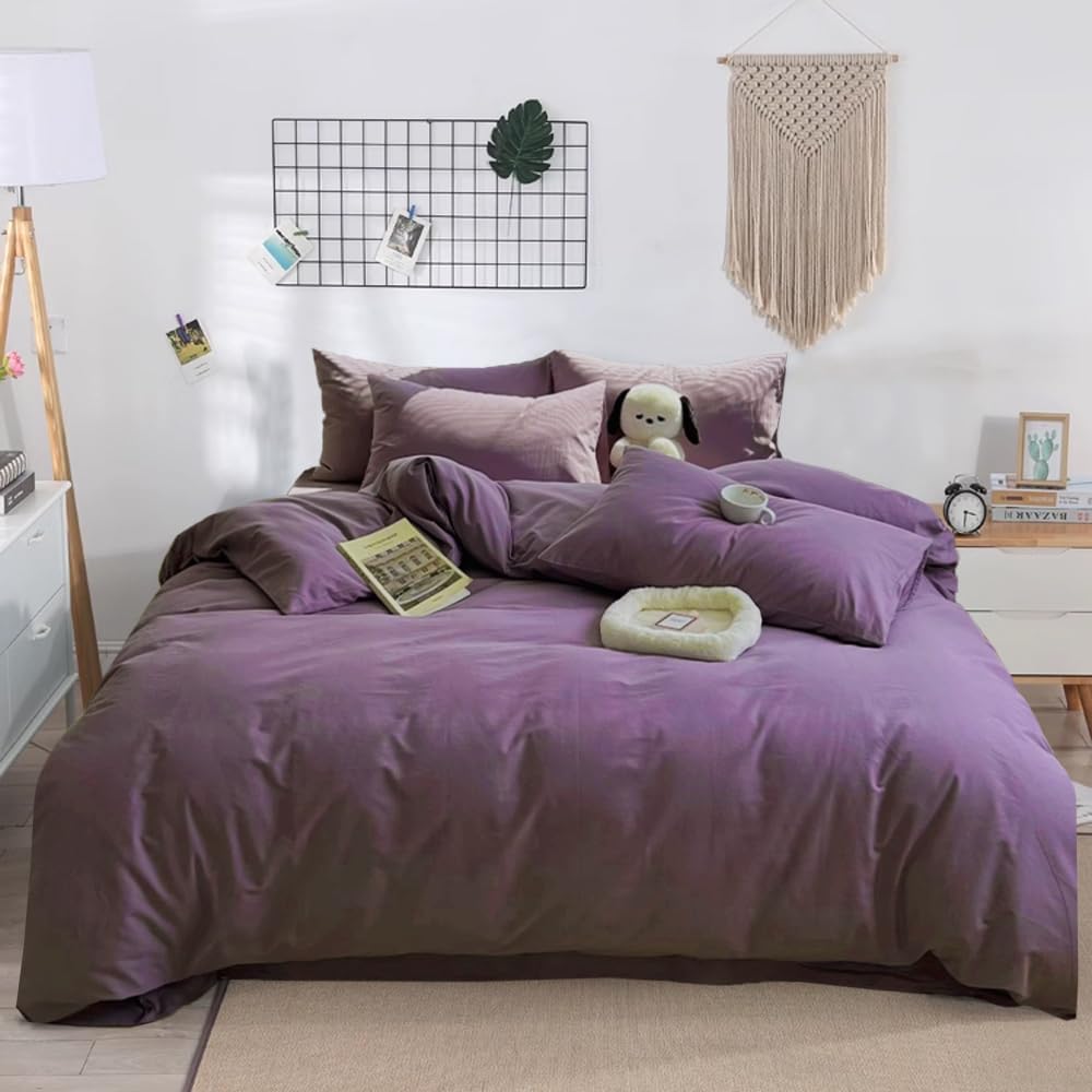 Wellboo – Juego de edredón de tamaño Queen para mujeres y niñas, color morado polvoriento y morado malva liso, ropa de cama de algodón para