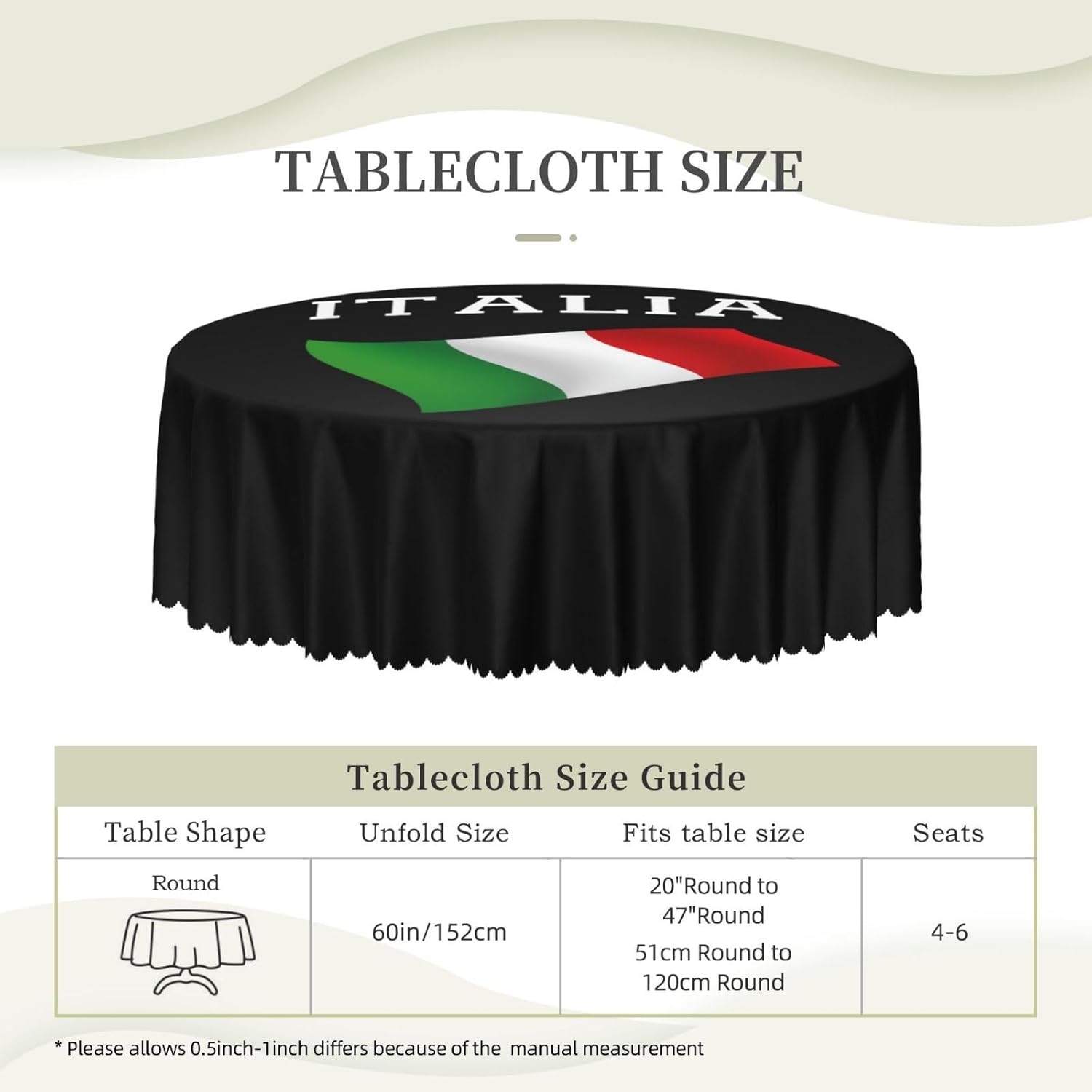 Mantel redondo de encaje con bandera italiana de Italia de 60 pulgadas para comedor, lavable, para vacaciones, hogar, picnic, fiesta, boda, bufé,