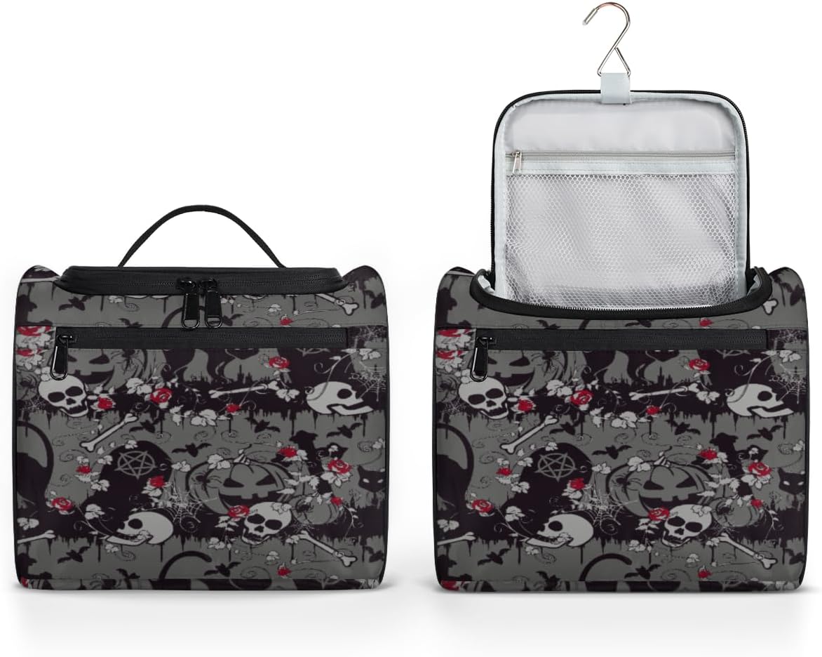 Neceser colgante para mujer, gótico de Halloween, bolsa de maquillaje de gran capacidad con gancho para colgar, bolsa de cosméticos portátil de