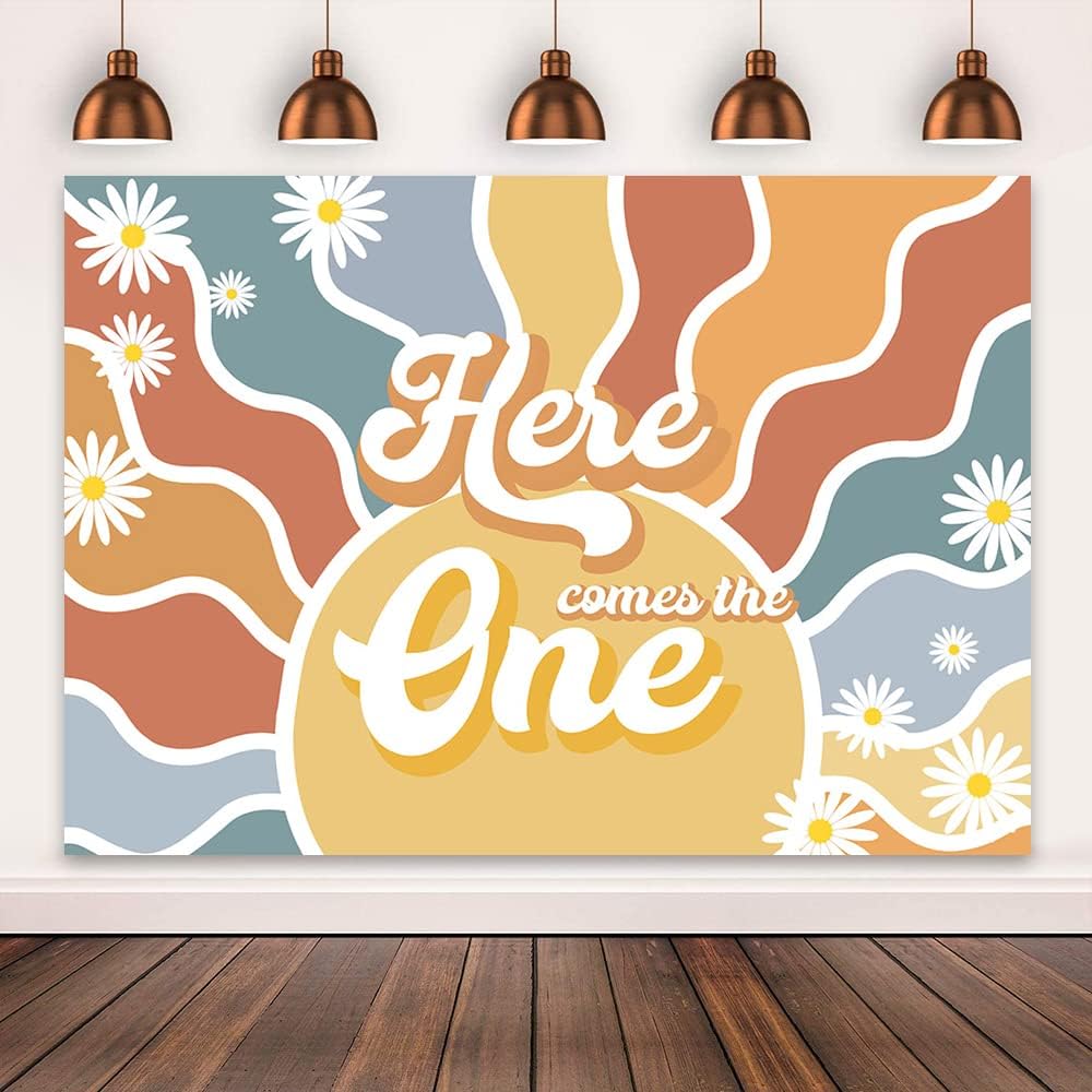 Mocsicka Fondo de sol para primer cumpleaños con texto en inglés “Here Comes The One”, retro, bohemio, decoración de fiesta de primer cumpleaños,