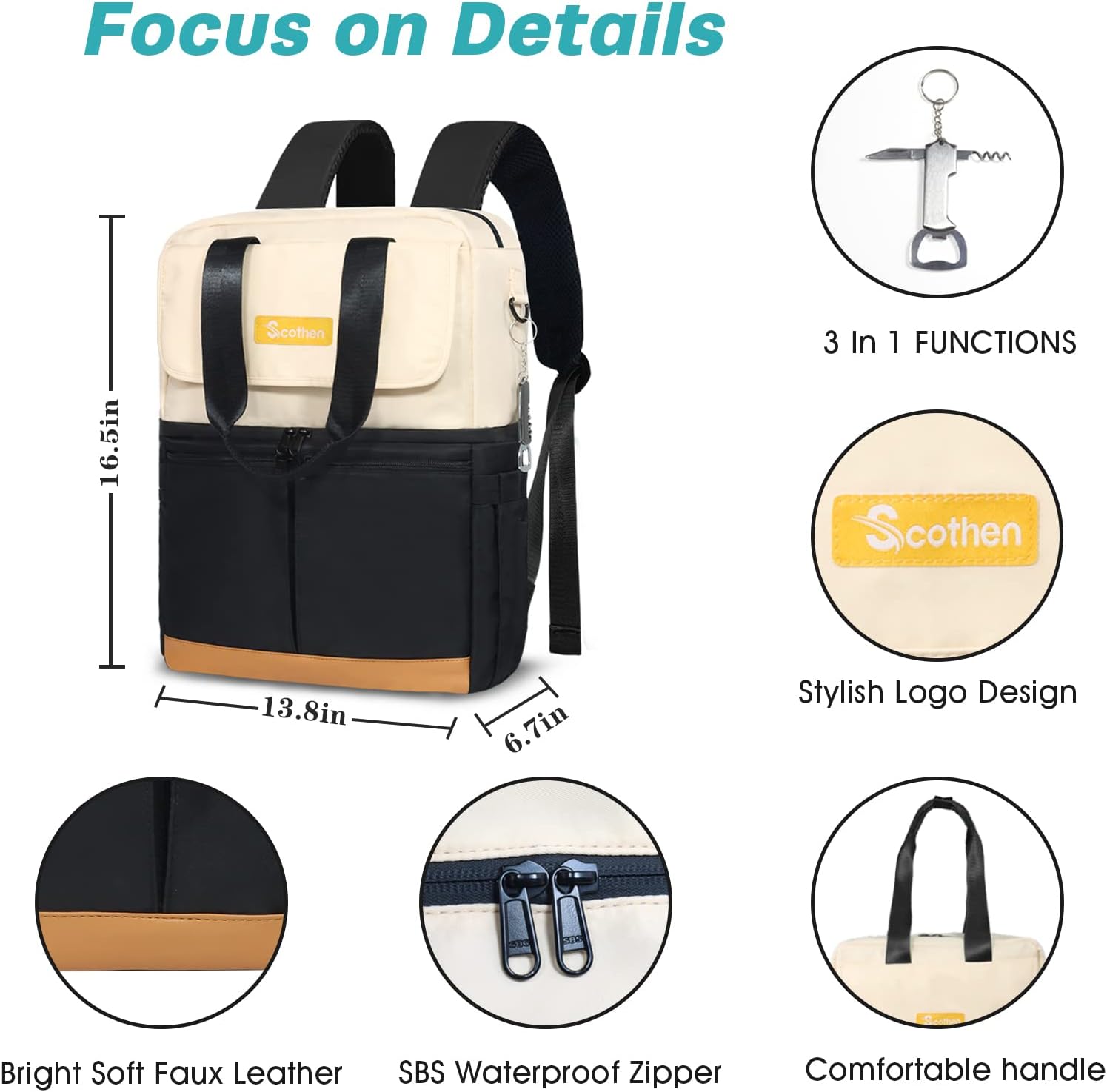 Scothen Mochila enfriadora con doble piso y 12 paquetes de hielo, mantiene 36 latas frías hasta 24 horas, mochila térmica aislada impermeable y a