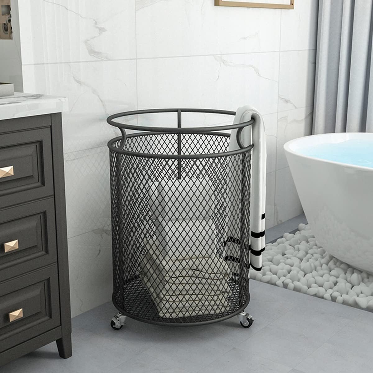 Cesta de lavandería con ruedas, cesta de metal para organizador de habitaciones, contenedores de almacenamiento de ropa sucia de malla redonda para